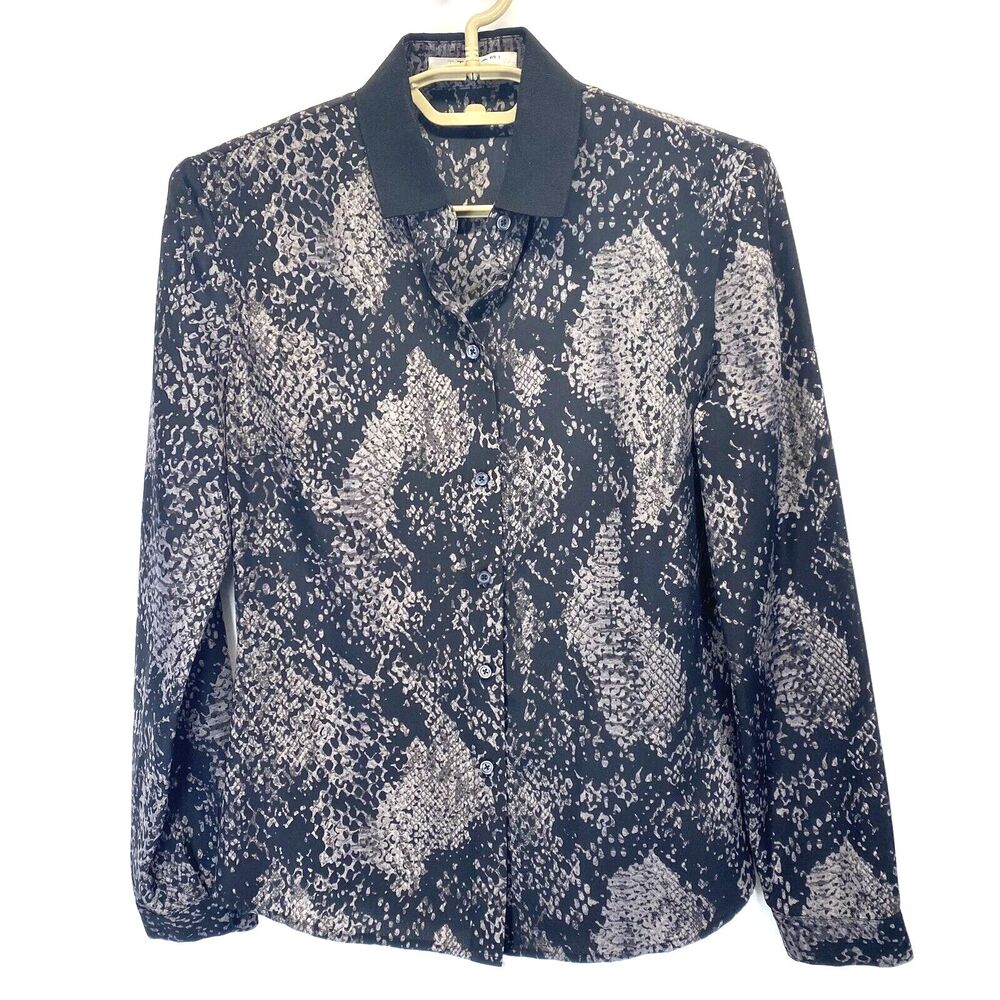 Tahari Women's Blouse Size XSP Black Gray Long Sleeve Semi Sheer Snakeskin Print